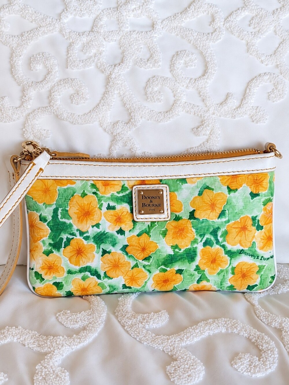 Dooney & Bourke Cheerful 💛 Petunia Wristlet / White Leather Strap And Trim